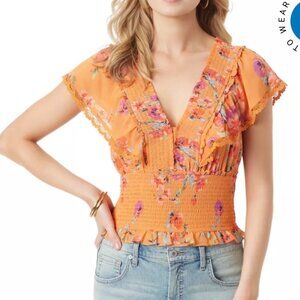 Jessica Simpson Women's Ruffle Orange Floral Printed Smock Waist Top ~ Small